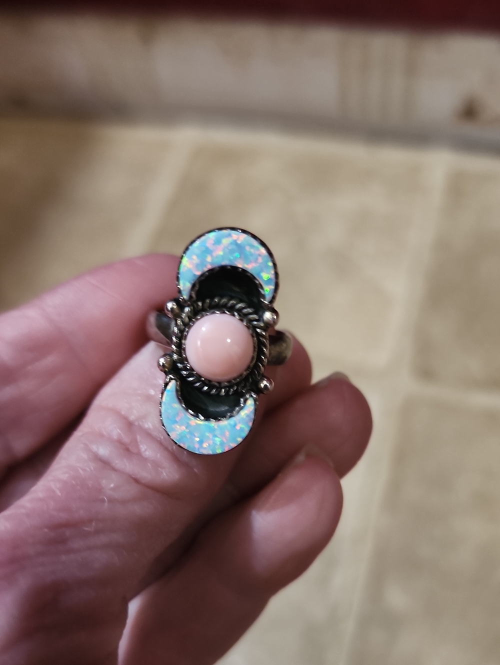 Authentic Pink Opal &  Sterling  Silver With Fairy Opals Womens  Ring